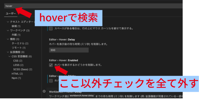 今日からWebタッチ　VS Codeの基本設定　hoverで検索