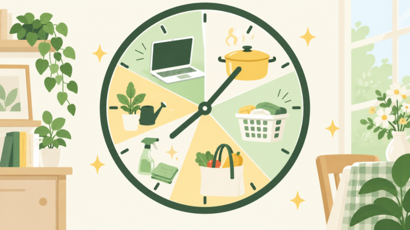 1日の時計が小さく区切られ、その一つにノートパソコン、ほかに鍋や洗濯物のカゴが描かれたイラスト