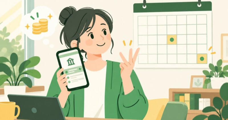 印の付いたカレンダーの前で、スマートフォンの入金画面を見ながら振込日を待つ人のイラスト